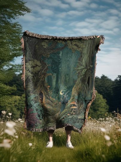Enchanted Forest Druid Woven Blanket, Medieval Wall Tapestry Fantasy Rug, Woodland Cozy  Bedspread Throw, Forestcore Decor, Pagan Gift