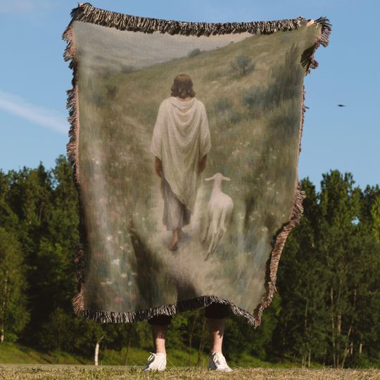 Good Shepherd Blanket: Vintage Christian Woven Throw, Cottagecore Lamb Decor