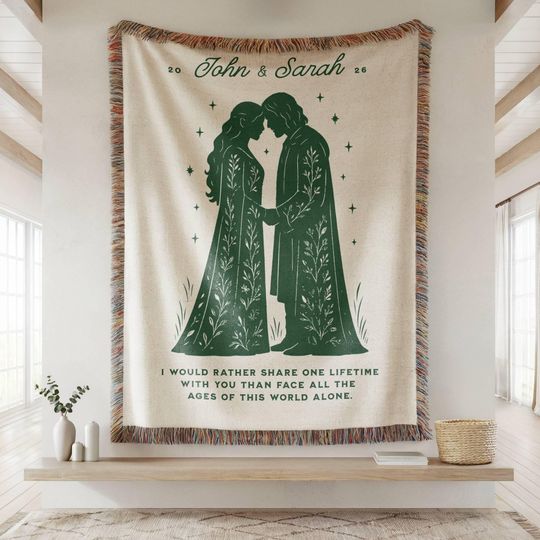 Discover Personalized Wedding Fantasy Book Throw Blanket Gift, Vintage Bookish Decor Anniversary Gift, Elf and Man Blanket, Wedding Blanket Gift