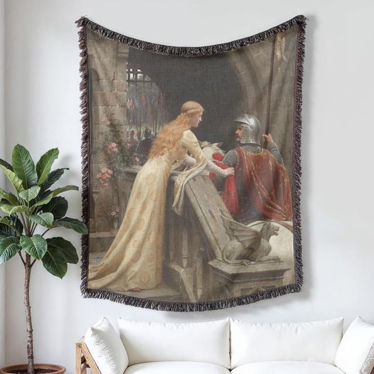 Discover God Speed Painting Woven Blanket, Armored Knight says Goodbye to his Beloved, Medieval theme