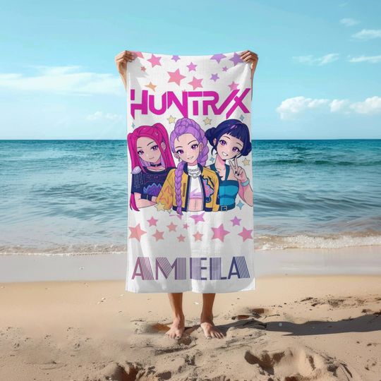 Kpop Anime Girl Beach Towel, Huntrix Towel, Rumi Mira Zoey Towel, Personalized Beach Towel, Kpop Demon Hunters, Anime Girl Power Summer Gift
