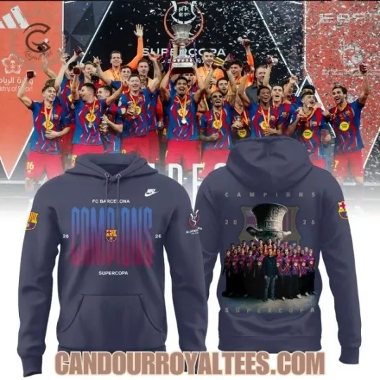 Discover FC Barcelona Champions Supercopa 2026 3D Hoodie Unisex