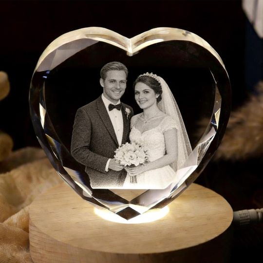 Discover Personalized Heart Shaped 3D Crystal Photo with Light Base | Custom Laser Engraved Glass Picture Keepsake for Couples, Parents, Anniversary