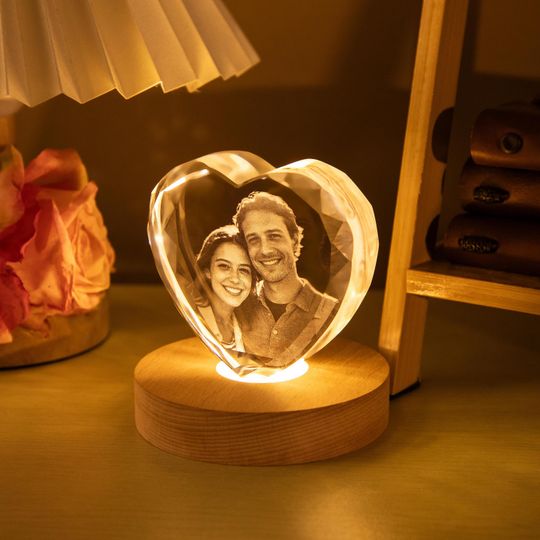 Personalized Heart 3D Crystal Photo Portrait LED,Custom Portrait in Crystal Light,Photo Gift For Couple,Portrait in Crystal,Anniversary Gift