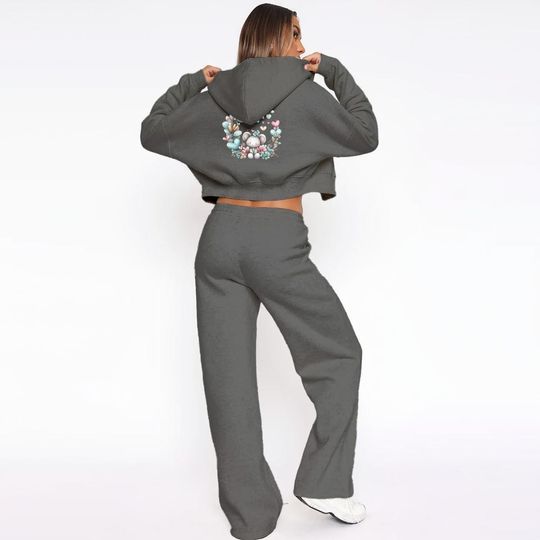 Discover Womens Custom Fleece Tracksuit Set, Wide Leg Sweatpants, Cropped Zip-Up Hoodie, Personalized Gift