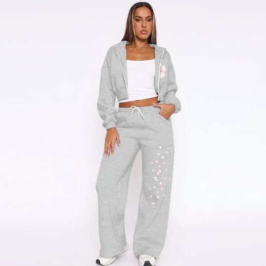 Womens Graphic Fleece Tracksuit Set, Wide Leg Sweatpants, Cropped Zip-Up Hoodie, Streetweart for Women Gift