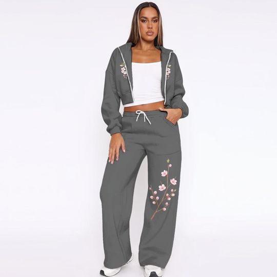 Womens Graphic Fleece Tracksuit Set, Wide Leg Sweatpants, Cropped Zip-Up Hoodie, Streetweart for Women Gift
