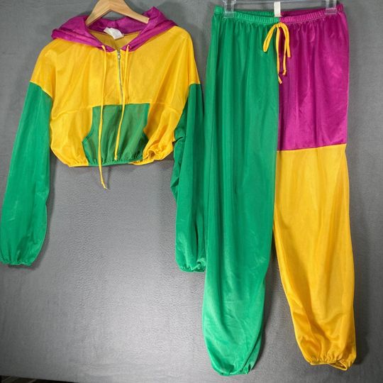Discover UO Yellow Green Pink Colorblock Mesh Cropped Zip Up Hoodie Pants Set