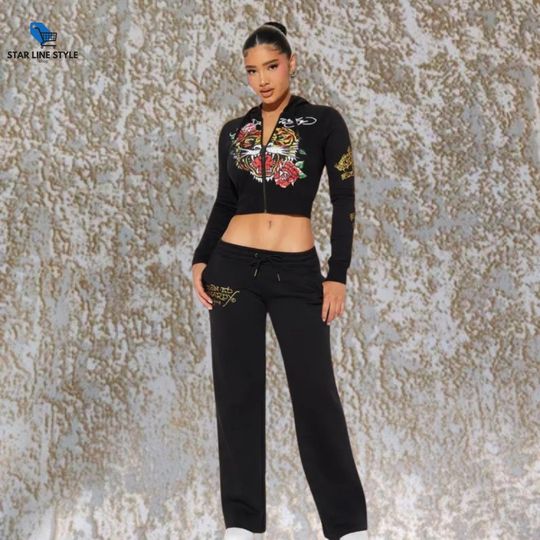 Discover Y2K Tiger Rose Hoodie & Jogger Set | Ed Hardyy Style Streetwear