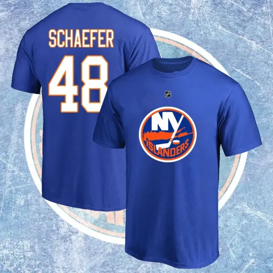 Discover Matthew 1 Schaefer NY Island Name & Number Player Blue T-Shirt