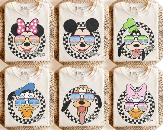 Discover Custom Disney Characters Sunglass Castle Shirt, Disney Family Shirts, Famiy Vacation Shirts, Checkered Disney Shirt, Disney Matching Shirts