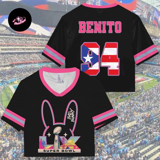 Benito Bowl Crop Top Mesh Baseball Jersey, Black Pink PR Flag 94, Bad Bunny Style Fan Tee, Custom Name Game Day Top