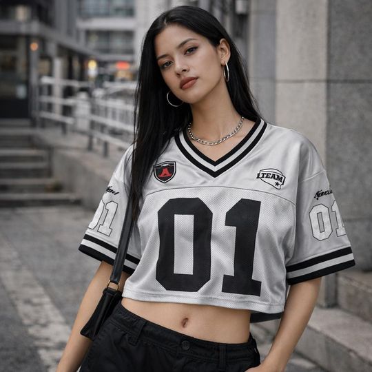 White Baseball Jersey Crop Top Bird Eye Mesh V-Neck Sporty Cropped Shirt
