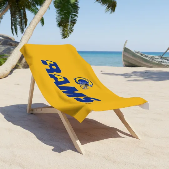 Discover Rams Helmet Logo Beach Towel | Football Team Stripe Design
