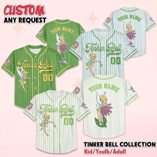 Discover Personalized Tinker Bell Baseball Jersey, Custom Disney Peter Pan Baseball Shirt, Matching Disney Trip Outfit, Birthday Gift
