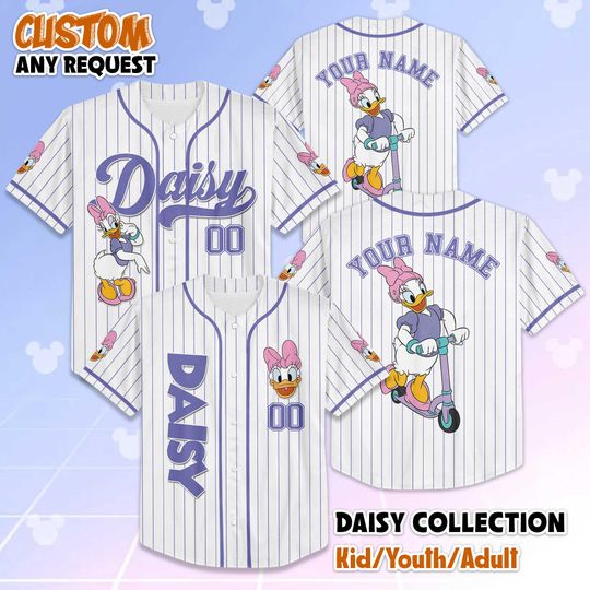 Discover Personalized Daisy Duck Baseball Jersey, Custom Disney Mickey and Friends Jersey Shirt, Matching Outfits for Disneyland Trips