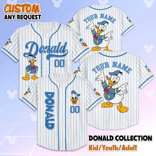 Discover Personalized Donald Duck Baseball Jersey, Custom Disney Mickey and Friends Jersey Shirt, Matching Outfits for Disneyland Trips