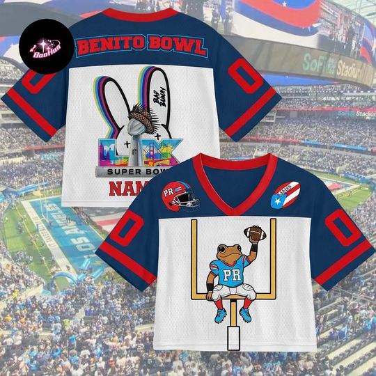 Benito Bowl Crop Top Mesh Baseball Jersey, PR Super Bowl Fan Tee, Custom Name Game Day Crop Top