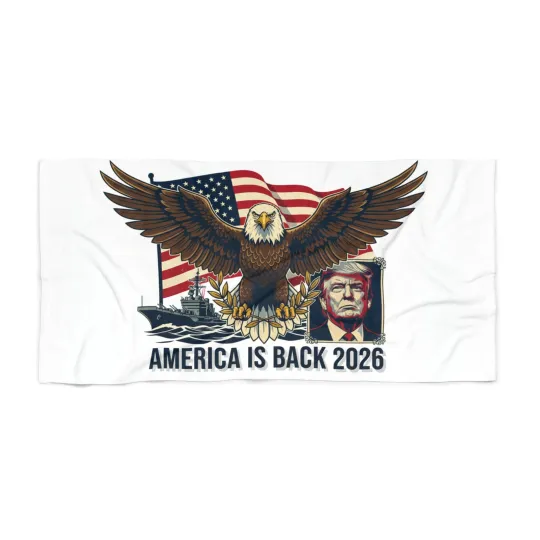 Discover Patriotic Eagle Beach Towel — "America Is Back 2026" Graphic