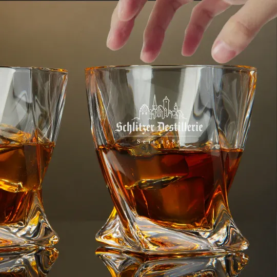 Discover Engraved Schlitzer Destillerie Whiskey Glass - Twisted Whiskey Glasses