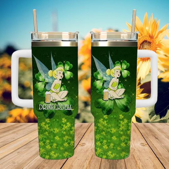 Disney Tinker Bell Clover Fairy Travel Tumbler, St Patricks Day Tinkerbell Cup, Green Fairy Disney Tumbler, Tinker Bell Gift