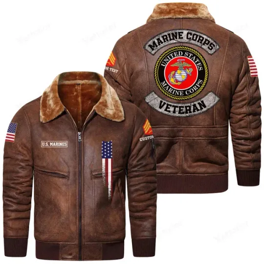 Customized U.S.Marines Veteran Fur Lapel Leather Jacket