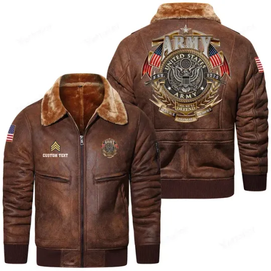 Customized U.S. Army Fur Lapel Leather Jacket for Veterans