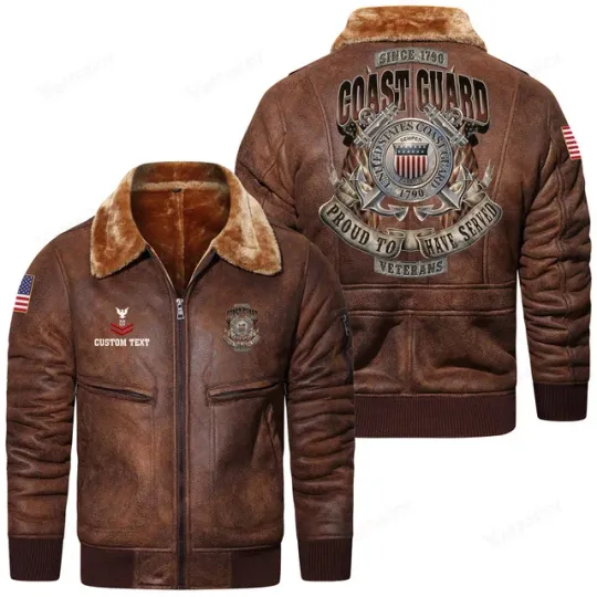 Customized U.S. Coast Guard Fur Lapel Leather Jacket for Veterans