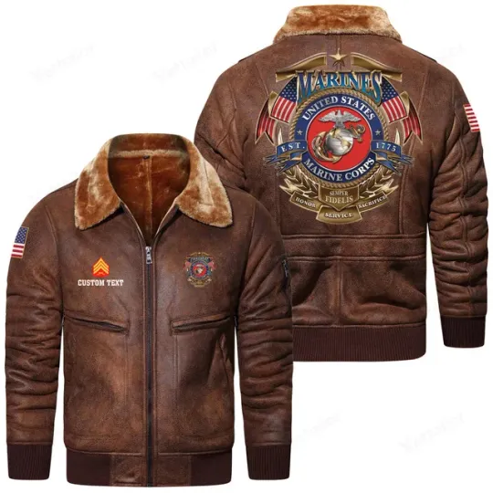 Customized U.S. Marines Fur Lapel Leather Jacket for Veteran