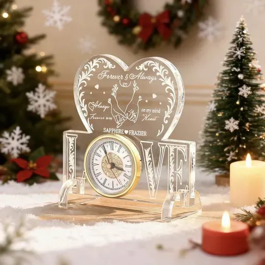 Discover Custom Crystal Clear Acrylic Clock Ornament, Engraved Love Quote, Roman Numeral Quartz Desk Clock, Anniversary, Birthday, Christmas gifts