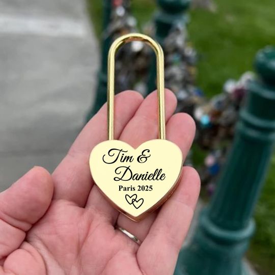 Custom Engraved Gold Heart Love Lock, Padlock Gift for Couples