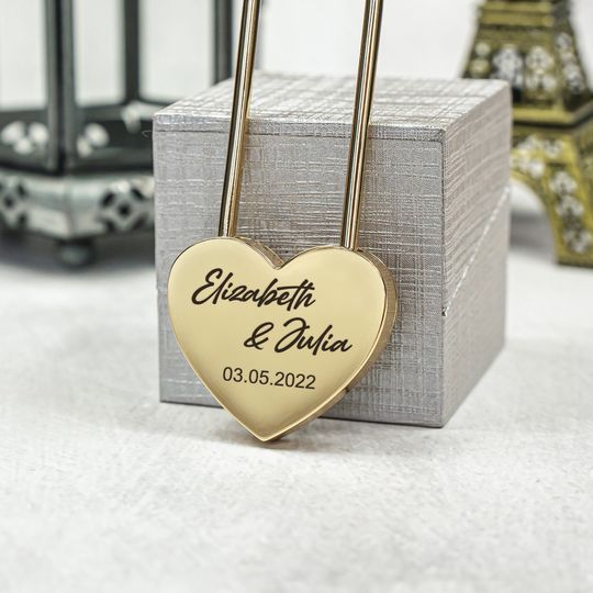 Discover Personalized Gold Heart Love Lock, Engraved Wedding Padlock for Couple