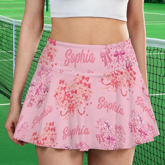 Personalized Coquette Bow Tennis Skirt for Women, Valentine Heart Ribbon Golf Skirt, Pickleball Gift for Wife Girlfriend