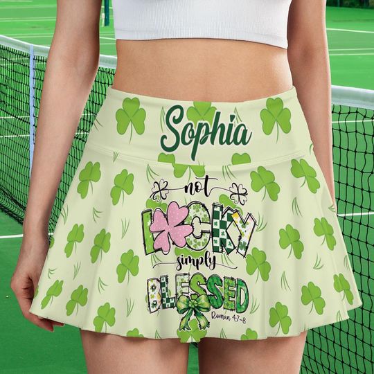 Not Lucky Simply Blessed Tennis Skirt, Christian St Patrick Day Golf Skort with Bible Verses, Irish Shamrock Pickleball Skirt with Custom Name