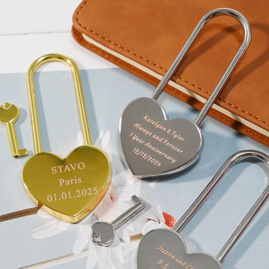 Personalized Heart Love Lock with Key, Love Padlocks, Custom Wedding Engagement Anniversary Couple Gifts