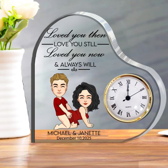 Anniversary Engraved Heart Clock - Personalized Acrylic Desk Clock Plaque For Couple