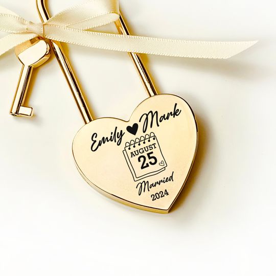 Personalized Gold Love Lock, Custom Heart Padlock, Wedding Anniversary Gift
