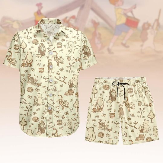 Discover Vintage Winnie the Pooh Hawaiian Shirt and Shorts Set for Summer, Pooh and Friends Button-up Tee