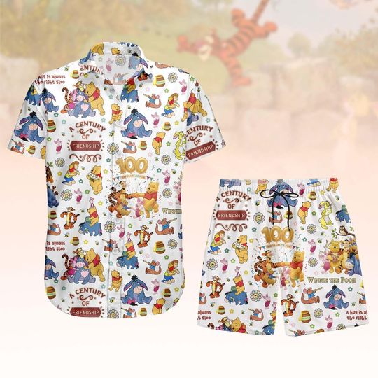 Discover Winnie The Pooh 100th Anniversary Hawaiian Shirt, Pooh and Friends Button Shirt, Retro Bear T-Shirt, Beach Shorts for Men