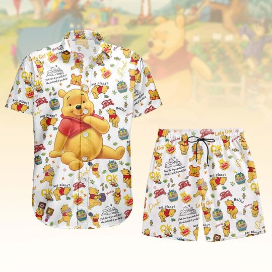 Discover Disney Winnie the Pooh Hawaiian Shirt and Shorts Set for Beach Vacation and Summer Wear