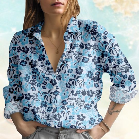 Discover Mickey Mouse Floral Linen Look Blouse, Disney Vacation Shirt, Mickey and Minnie Casual Women’s Top