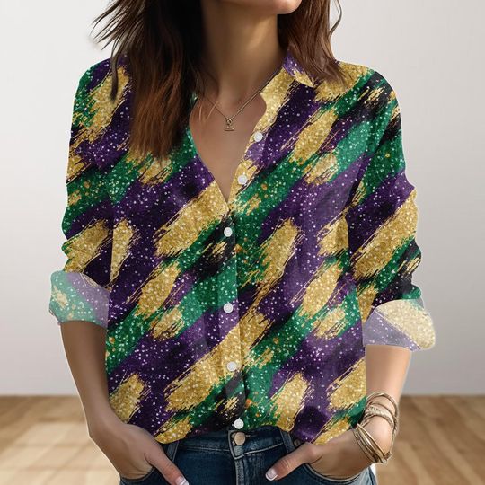 Discover Mardi Gras Blouse Shirt, Mardi Gras Parade Casual Shirt, Louisiana NOLA Carnival Party Linen-Look Shirt, Festival Celebration Shirt