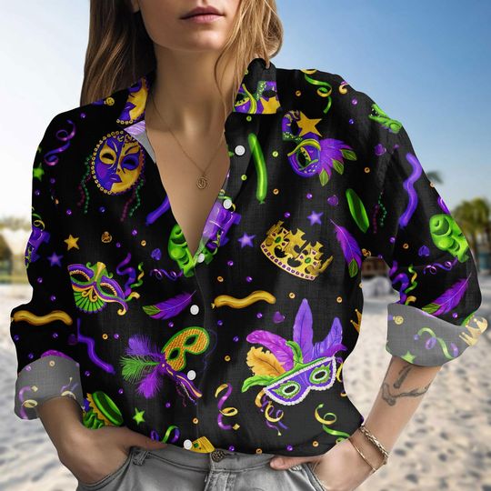 Discover Preppy Mardi Gras Blouse Shirt, Mardi Gras Party Casual Shirt, Fleur De Lis Women Shirt, Fat Tuesday Casual Shirt, Gift For Her