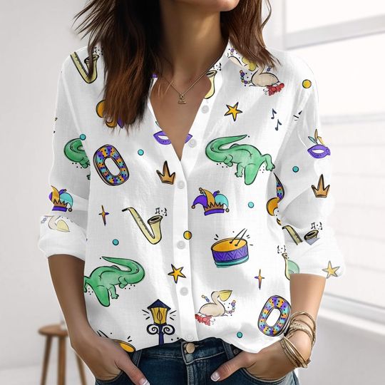 Discover Mardi Gras 2026 Linen-Look Shirt, Mardi Gras Parade Women Shirt, New Orleans Louisiana NOLA Carnival Blouse Shirt, Fat Tuesday Outfits