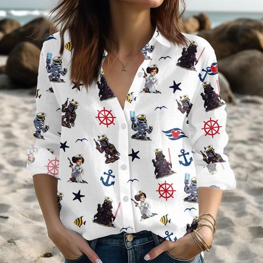 Discover Star Wars Cruise Blouse Shirt, Disney Women Shirt, Disney Cruise Summer Shirt, Darth Vader Mandalorian Stormtrooper Linen-Look Shirt