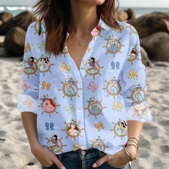 Discover Disney Princess Cruise Blouse Shirt, Disneyland Women Shirt, Disney Girls Trip, Disneyworld Rapunzel Belle Cinde Linen-Look Shirt