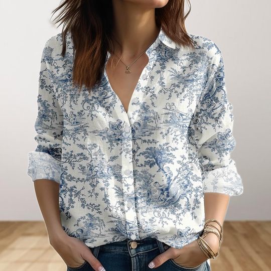 Discover French Toile Blouse Shirt, Vintage Blue And White Women Shirt, Elegant Women Button Up Shirt, Romantic Cottagecore Shirt, Gifts For Her