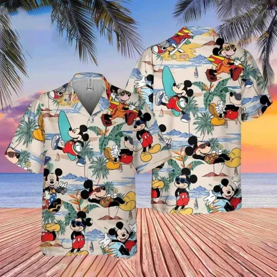 Discover Disney Mickey Mouse Surfing Tropical Aloha Hawaiian Shirt