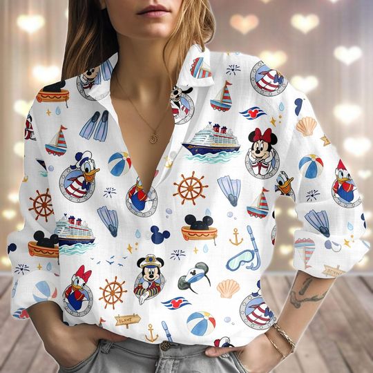 Discover Mickey Mouse Cruise Linen Look Shirt, Disney Women’s Blouse, Disney Family Vacation 2026 Top