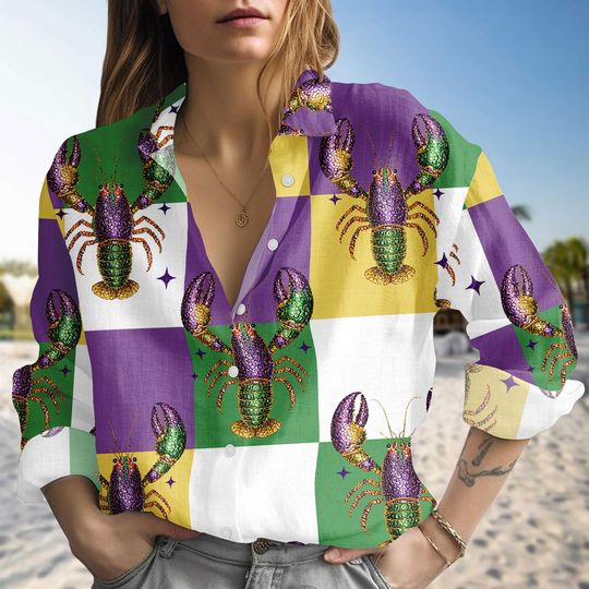 Discover Mardi Gras Blouse Shirt, Louisiana Crawfish Women Shirt, Mardi Gras Lobster Casual Shirt, Fat Tuesday Gift For Her